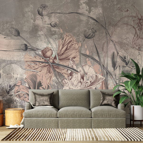 Muurschildering van borstelige bloesems in beige tinten