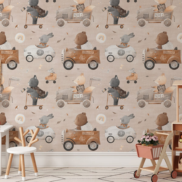Muurschildering van dieren in retro auto’s