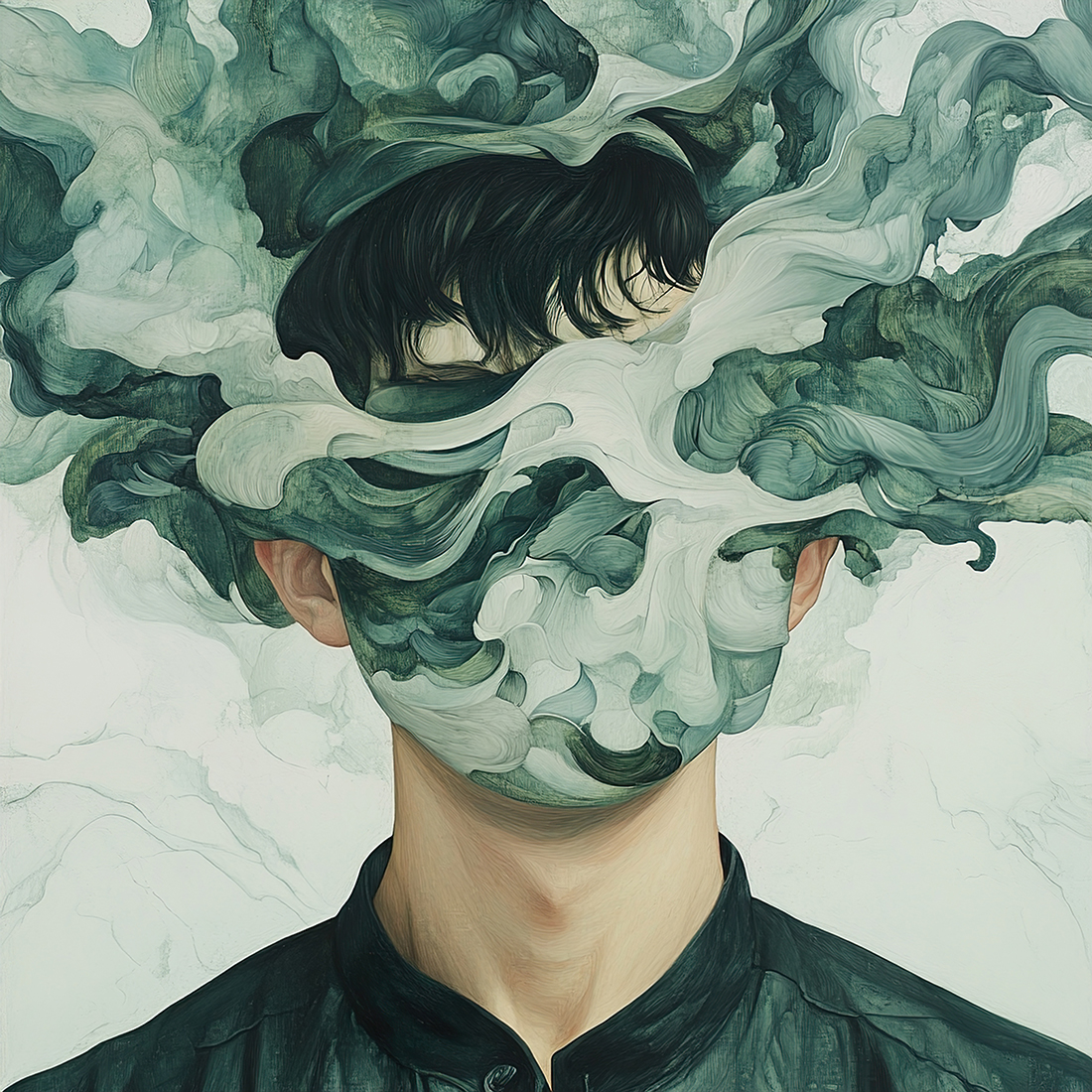 Enigmatic Mind: Abstract Portrait in Green Hues