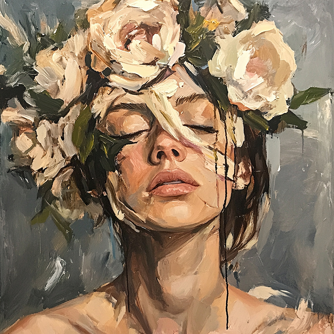 Serene Woman with Rose Crown: A Dreamlike Portrait