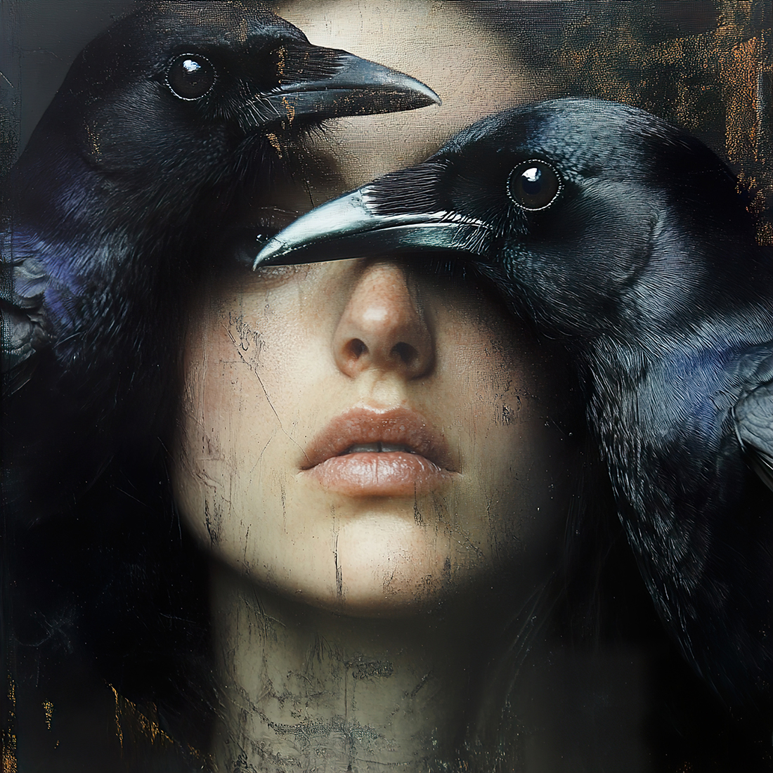 Mysterious Woman Portrait with Crows: Dark, Surreal Art