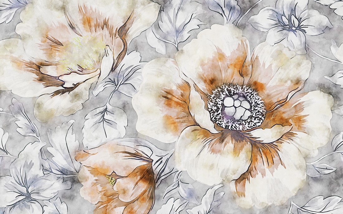 Abstract,Hand,Painted,Watercolor,Flowers,Leaves,Art,Wallpaper,,Modern,Minimalist