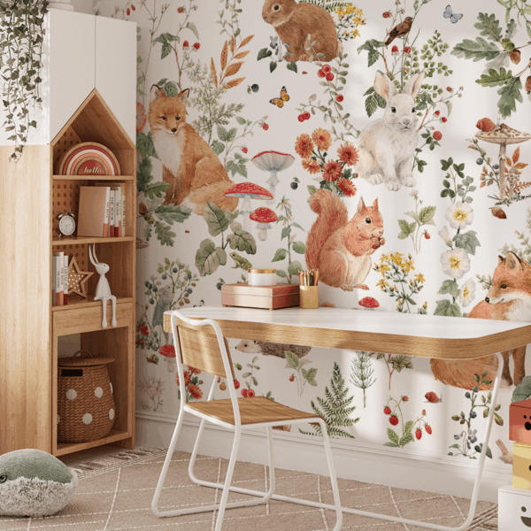 Fotobehang Tussen de paddenstoelen en bloemen