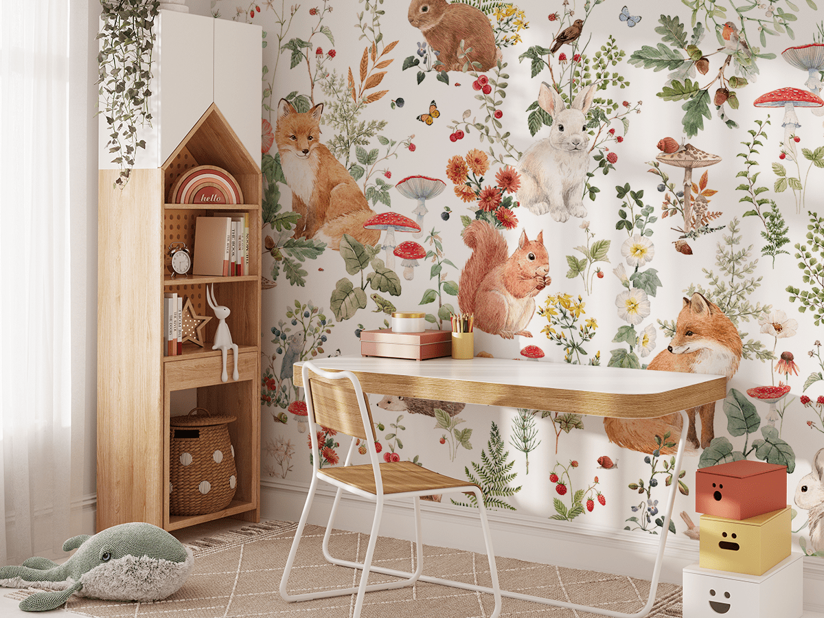 Fotobehang Tussen de paddenstoelen en bloemen