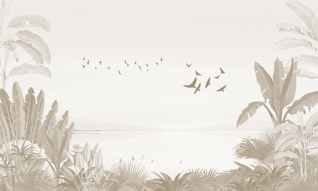 Vintage,Tropical,Landscape,Wallpaper:,Birds,Over,Muted,Brown,Palms,And