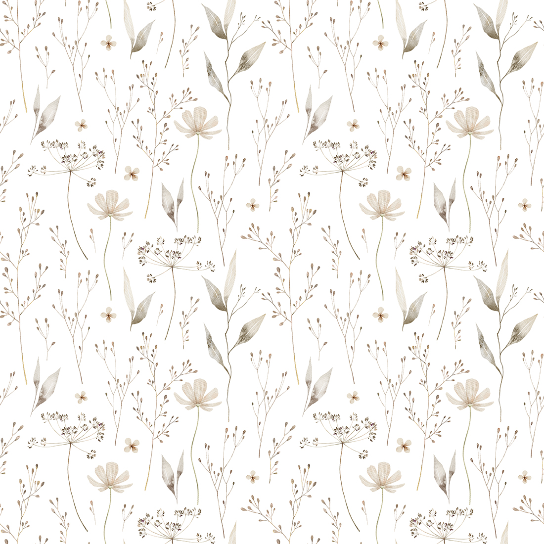 Watercolor seamless pattern with ethereal wildflowers, leaves. W