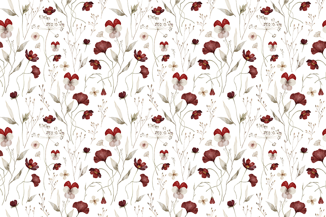 Watercolor seamless pattern with bright red wildflowers, leaves.