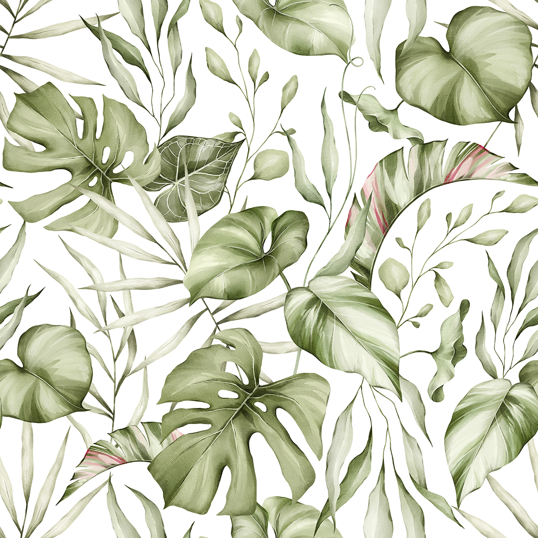 Tropical leaves watercolor seamless pattern. Monstera, palm tree