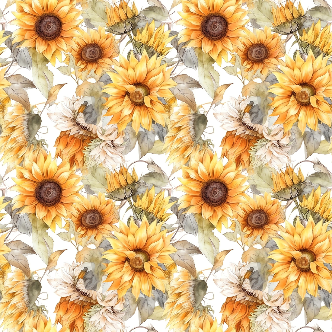 Sunflowers - Seamless Floral Print - Seamless Watercolor Pattern Flowers - perfect for wrappers, wallpapers, postcards, greeting cards, wedding invitations, romantic events.