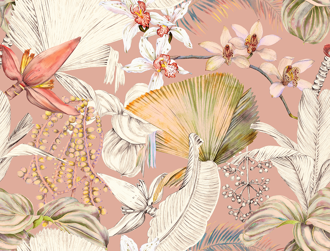 Tropical seamless pattern with palm leaves, banana flower and orchids. Wallpaper drawn in watercolor and pencil.