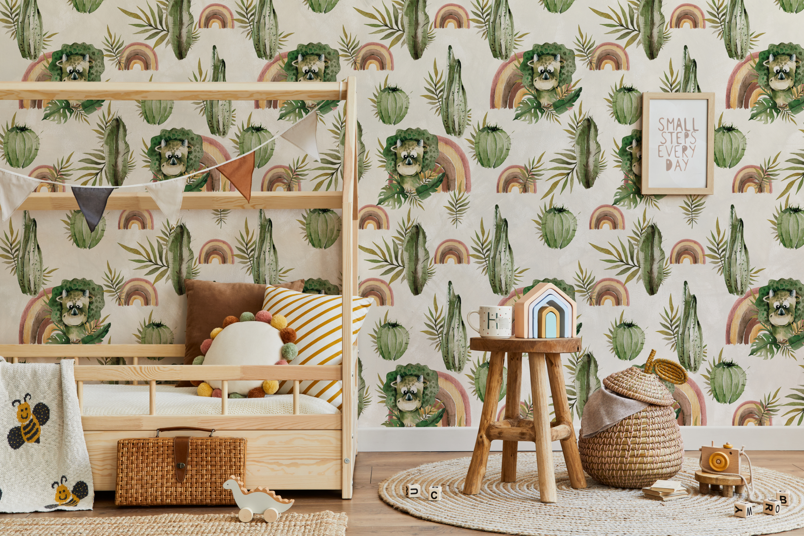 Fotobehang Boho Dino met cactussen
