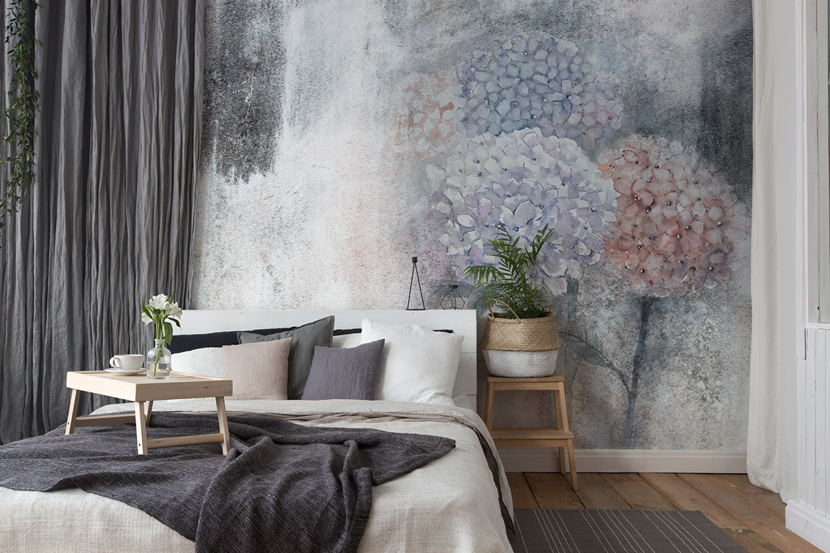 Fotobehang Hortensia's in de artistieke mist