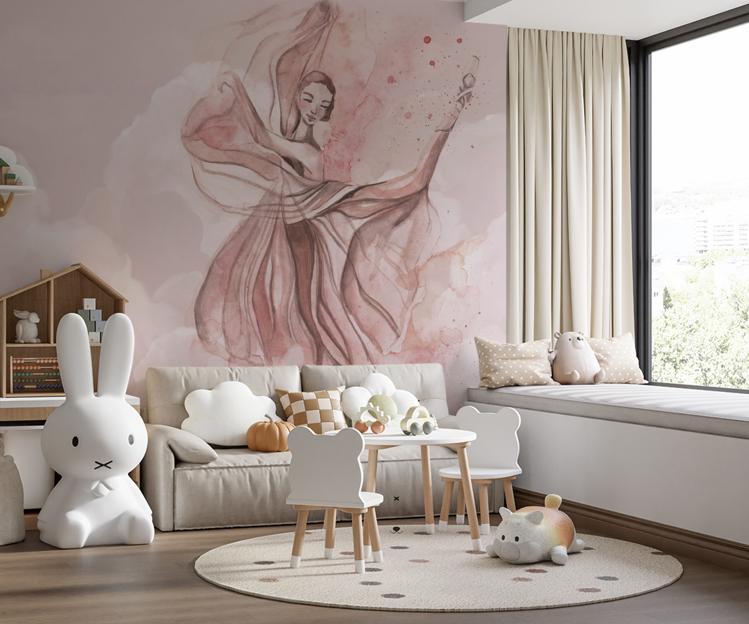 Fotobehang Pastelkleurige ballerina in de wolken