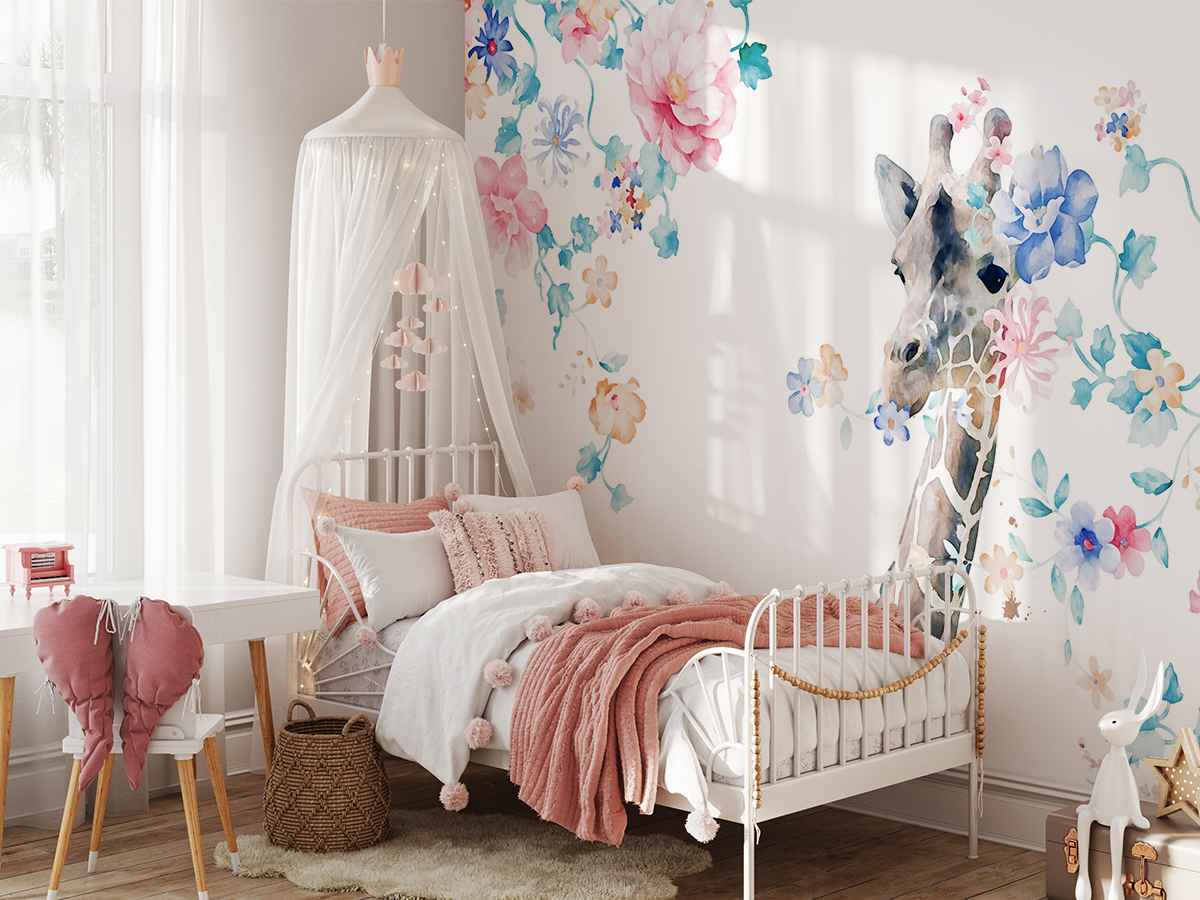 Fotobehang Giraffe tussen aquarelbloemen