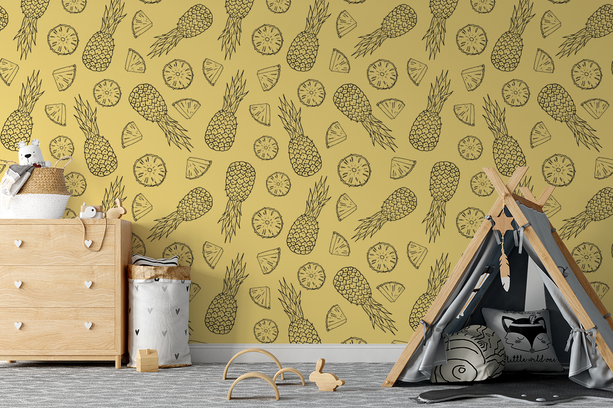 Fotobehang Zwarte ananas en ananasschijven op een gele achtergrond