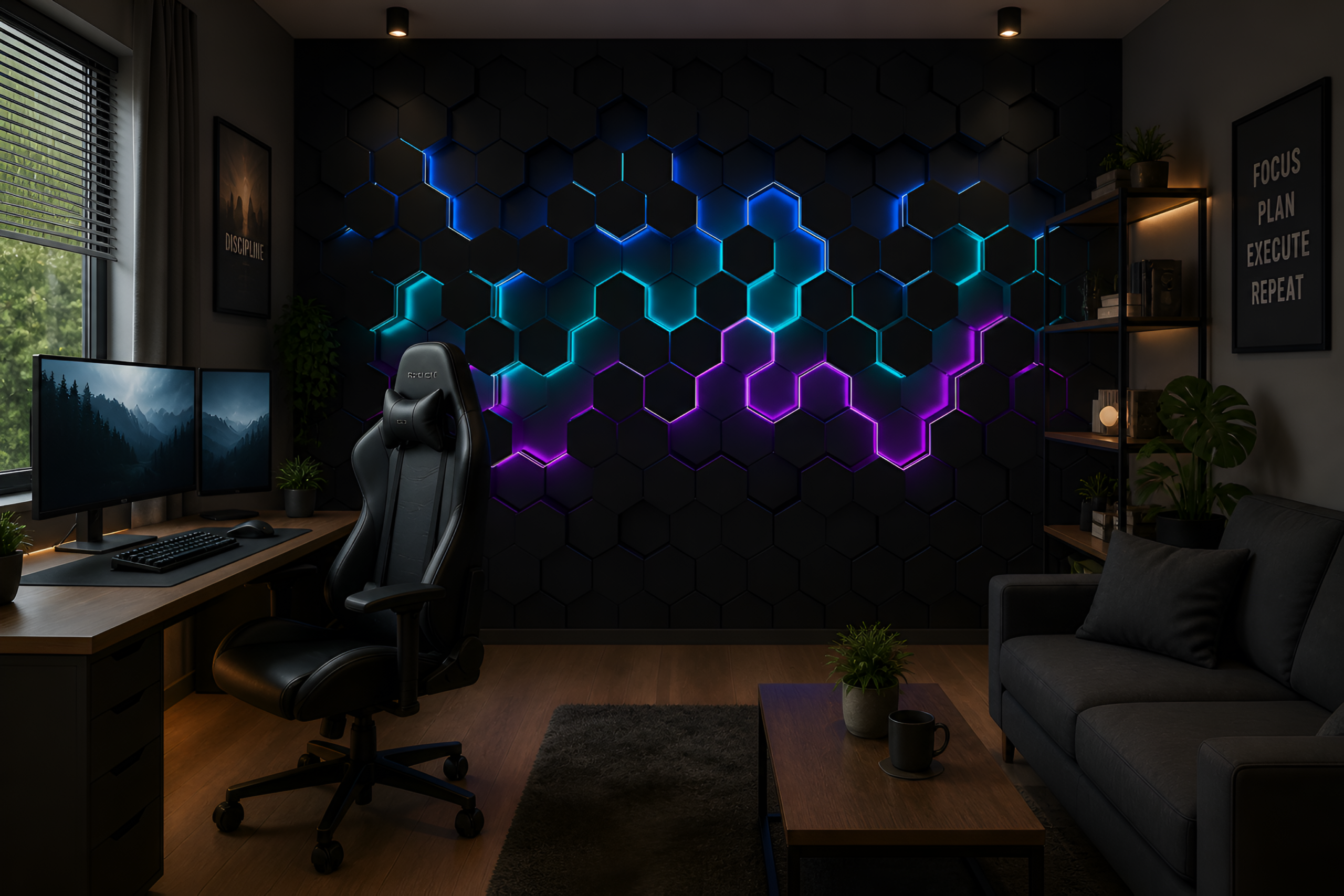 Fotobehang Neon Hexagons 3D