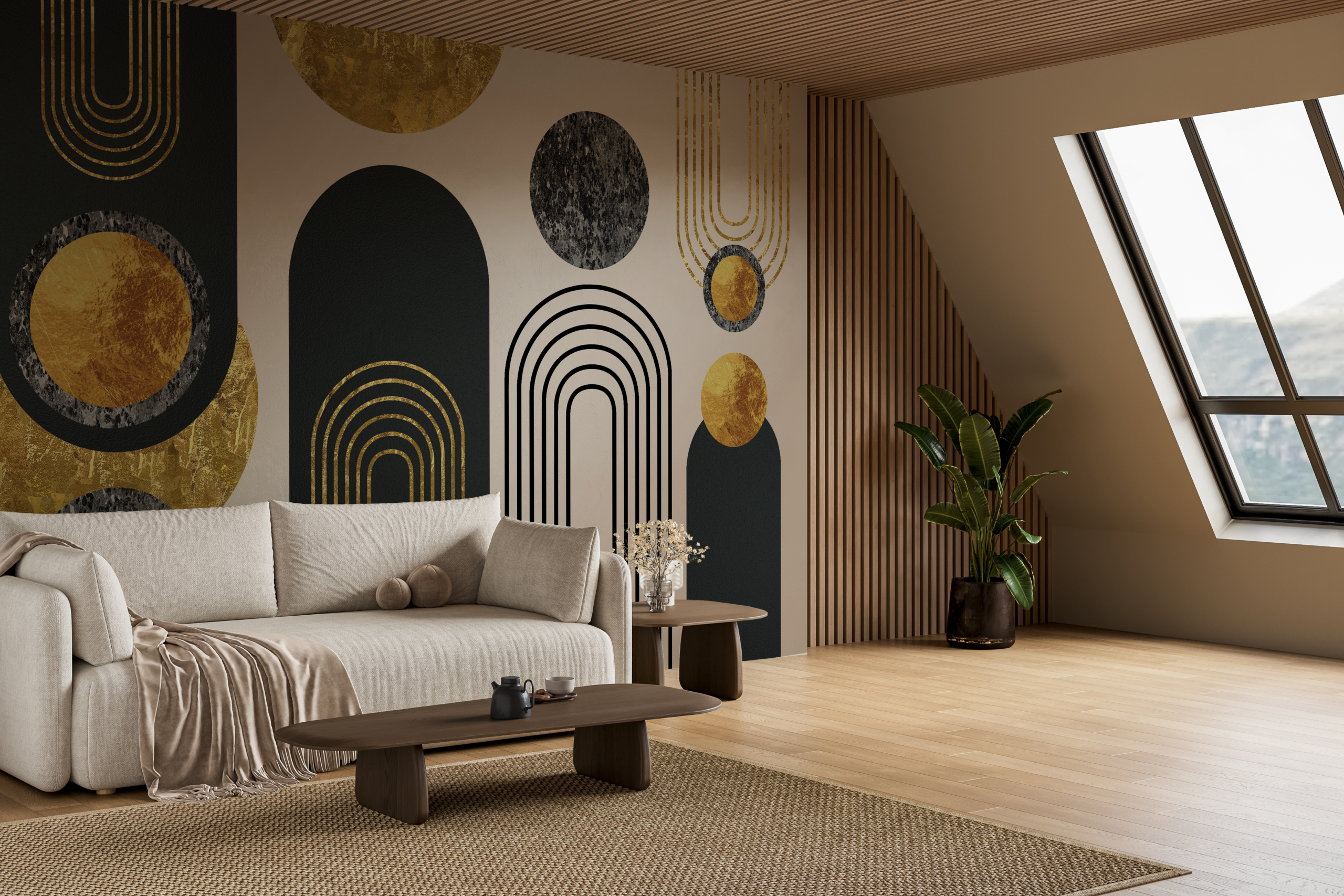 Fotobehang Zwarte en gouden booggeometrie