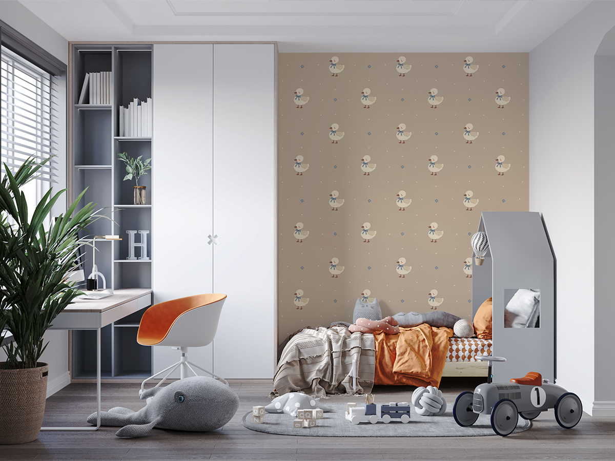 Fotobehang Eendjes met een strik op een beige achtergrond