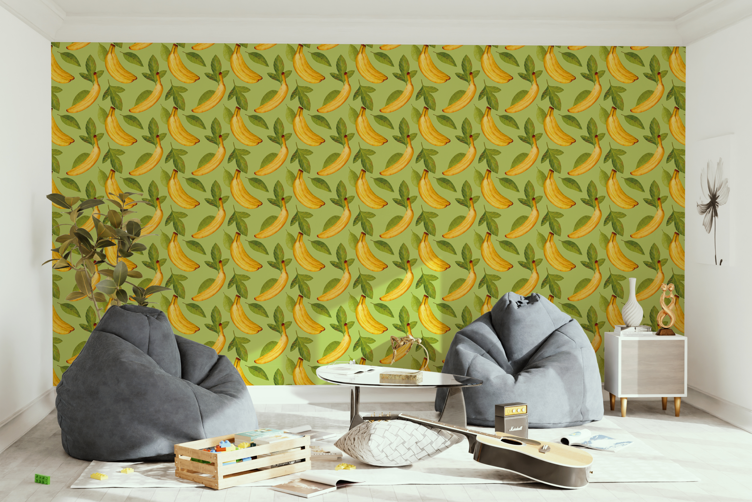 Fotobehang Bananen op een groene achtergrond