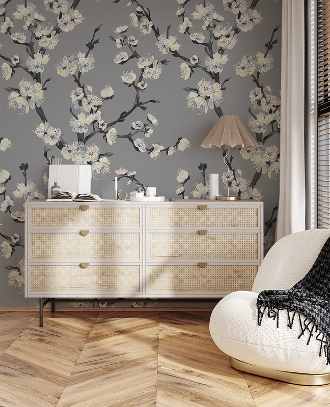 Fotobehang Bloemtakken op een grijze achtergrond