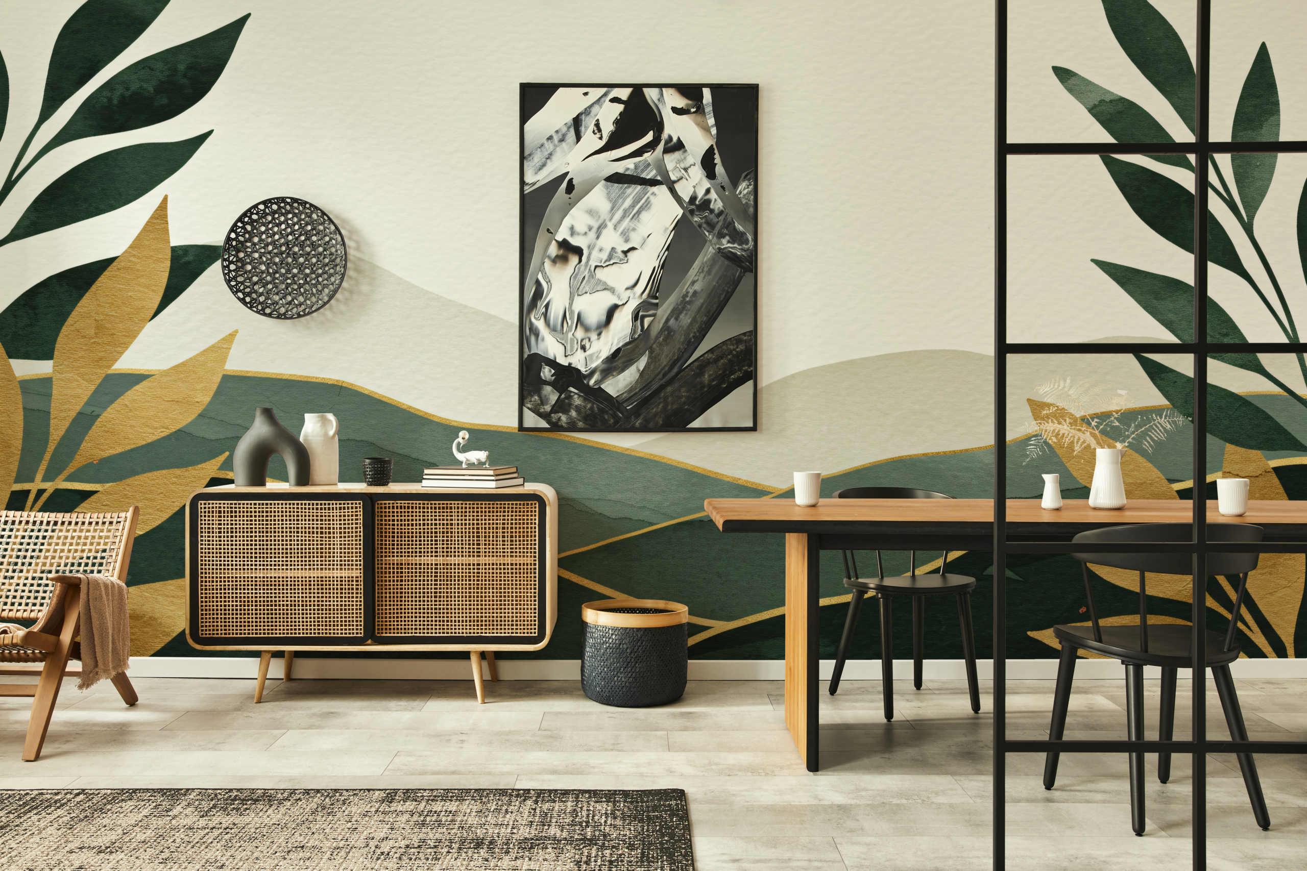 Fotobehang Geometrische bladeren en bergen