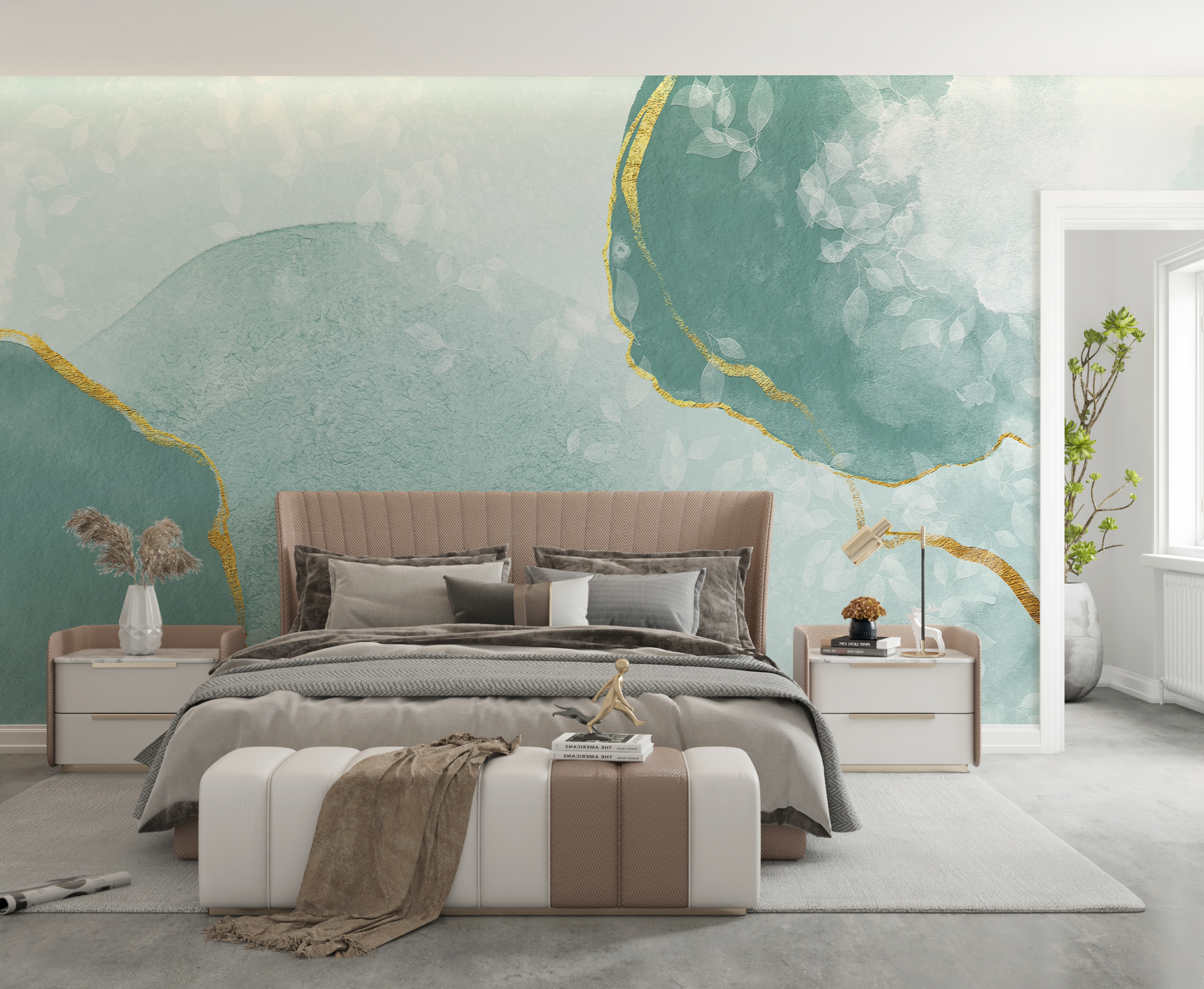 Fotobehang Pastel mintgroene stippen met goud