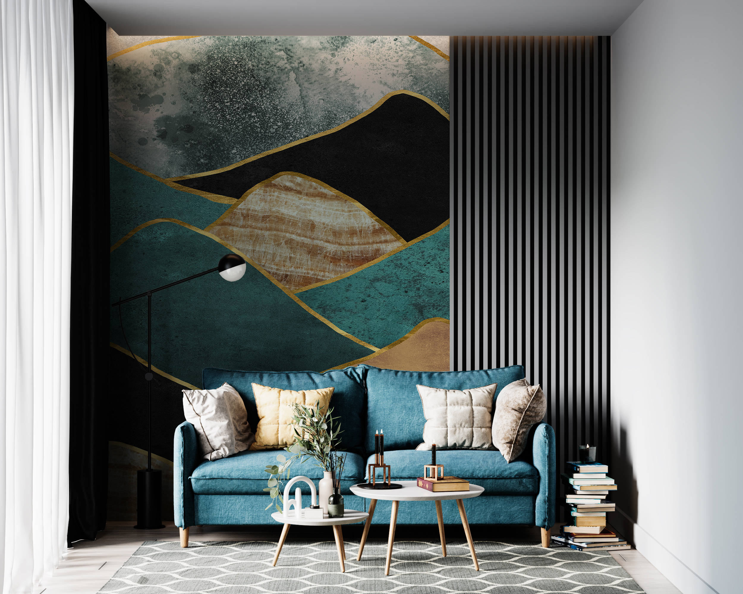 Fotobehang Turquoise en gouden elegante bergen