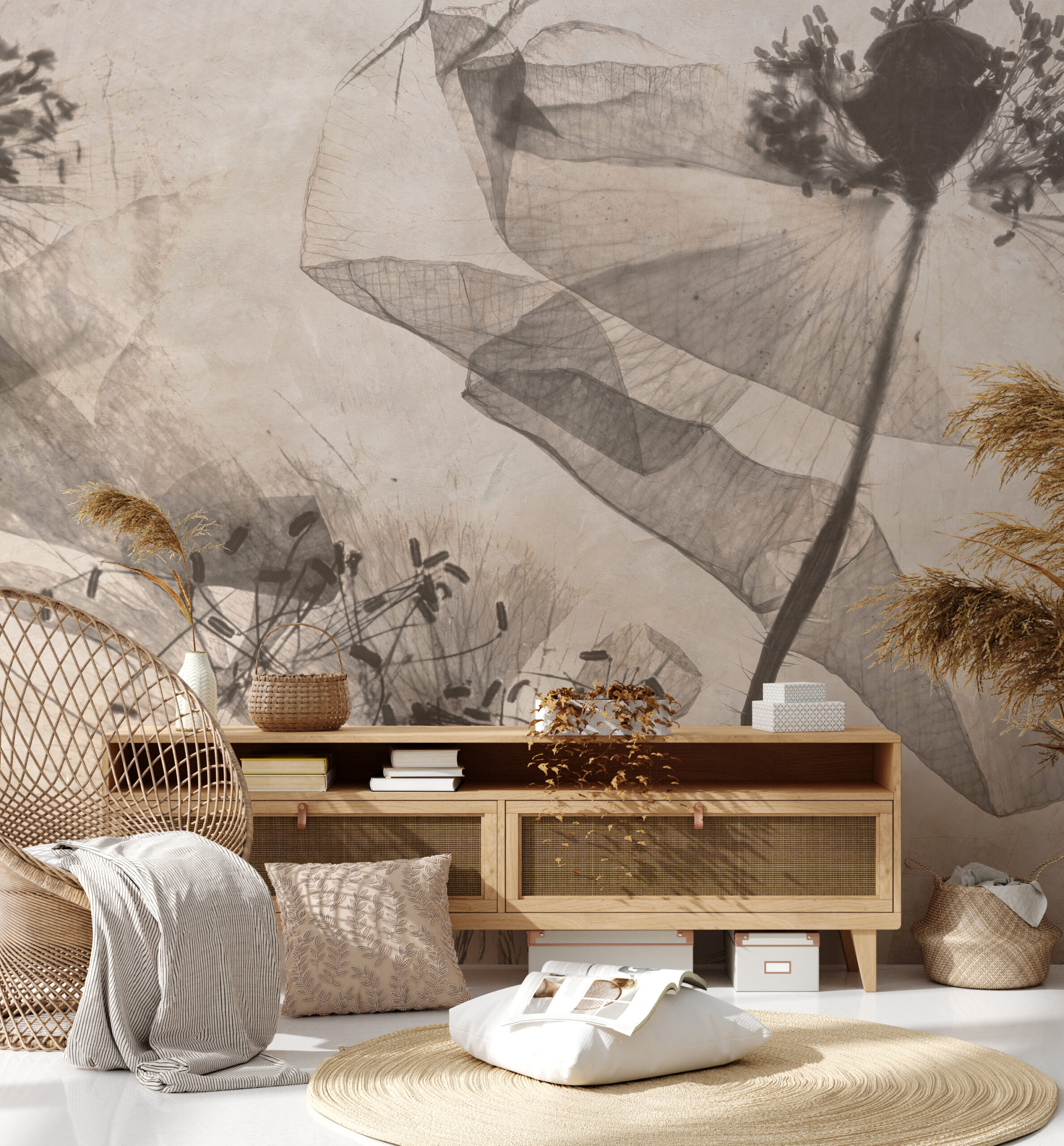 Fotobehang Paardenbloemen in sepia - De transparantie van de natuur