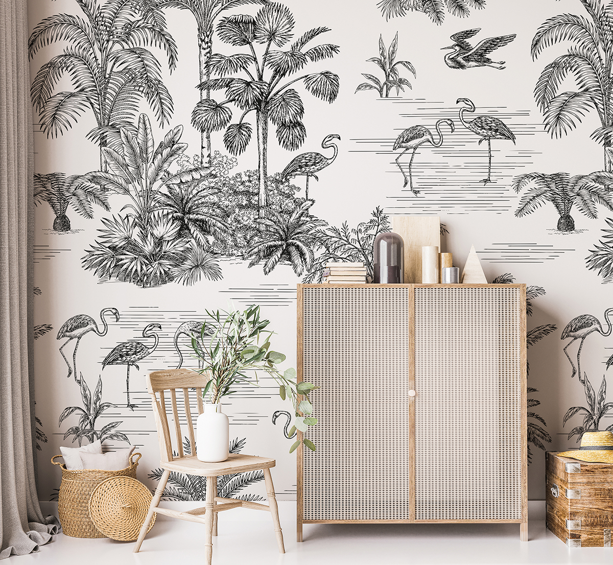 Fotobehang Zwart-witte flamingo's in tropische vegetatie