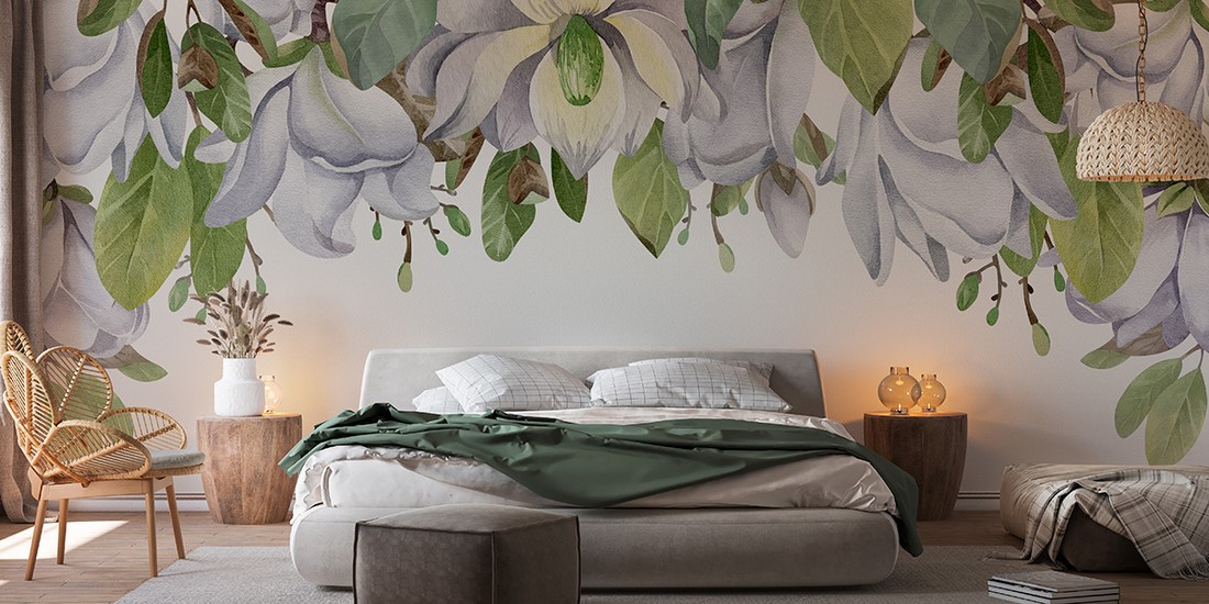 Fotobehang Magnolia's op een witte achtergrond