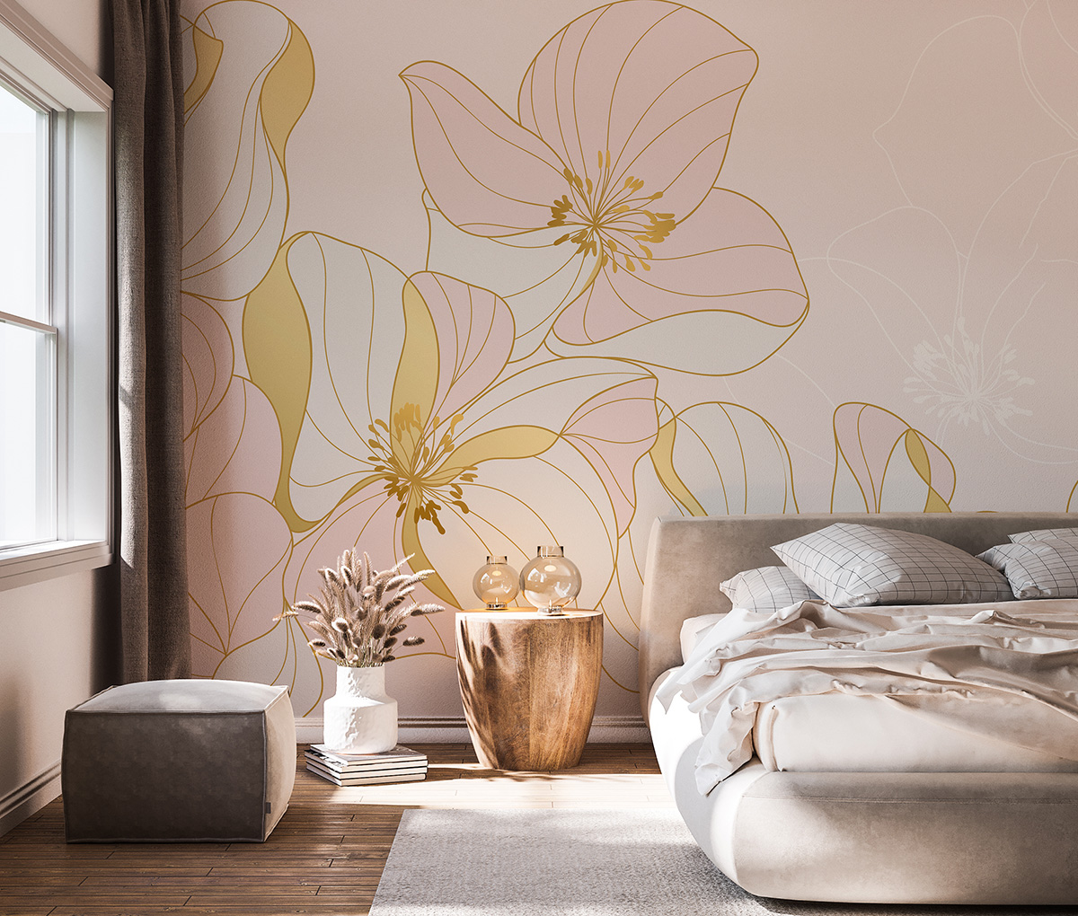 Fotobehang Gouden bloemcontouren