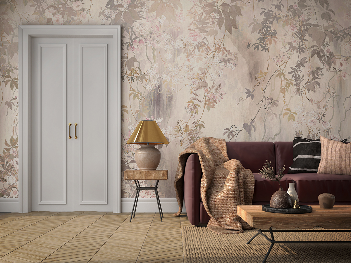 Fotobehang Romantische bloemen aan de muur